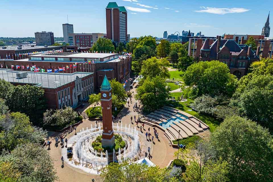 An aerial view of Saint Louis University's campus with the clock tower at the center and students walking around West Pine Mall